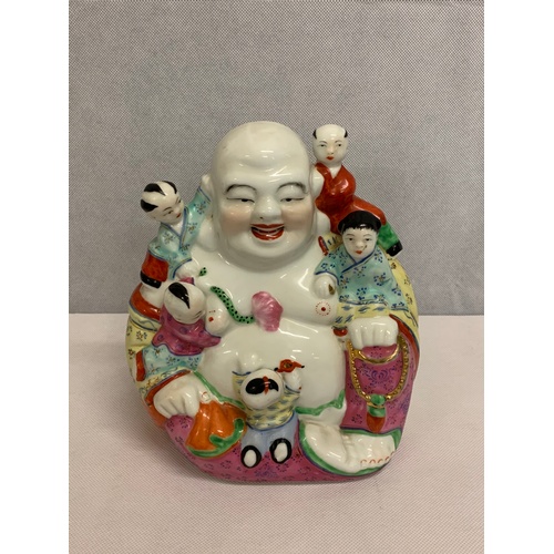 117 - Vintage Chinese republic period ceramic laughing Buddha with 5 children marked to base.  20cm x 18cm