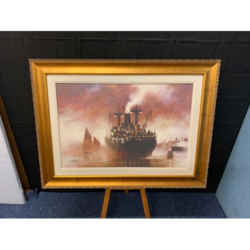 116 - Large Limited Edition canvas print of shipping ship in the mist. Fitted in gilt frame and signed Kel... 