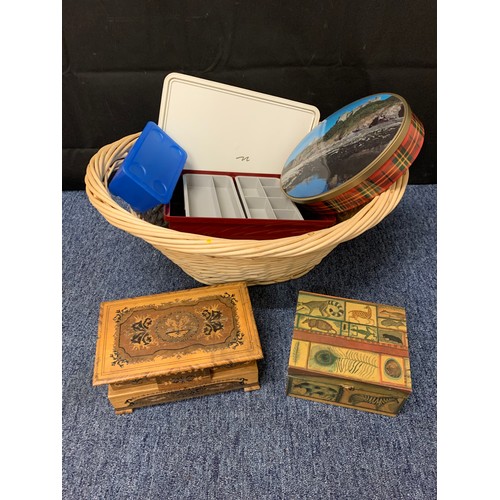 36 - Vintage boxes, tins and basket.