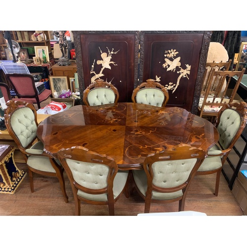 90 - Large Italian inlaid dining table with 6 upholstered chairs all in mint condition.