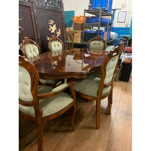 90 - Large Italian inlaid dining table with 6 upholstered chairs all in mint condition.