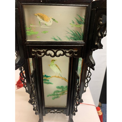 219 - Japanese lantern style ceiling light with hand painted panels and tassles. See pics.