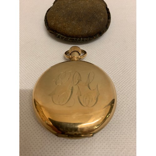 307a - Vintage gold plated pocket watch with leather carry case.