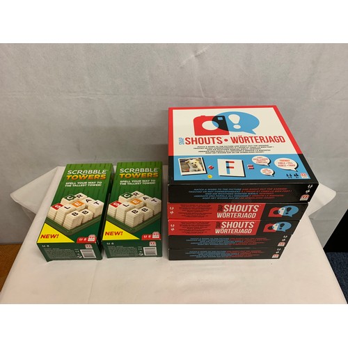 425 - 6 new boxed games. Scrabble tower and Snap Shouts.