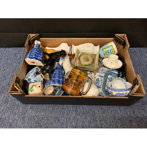 493 - Box of collectables to include blue and white and figurines etc.