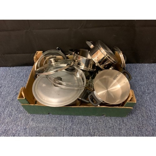 527 - Box of stainless steel kitchen ware.