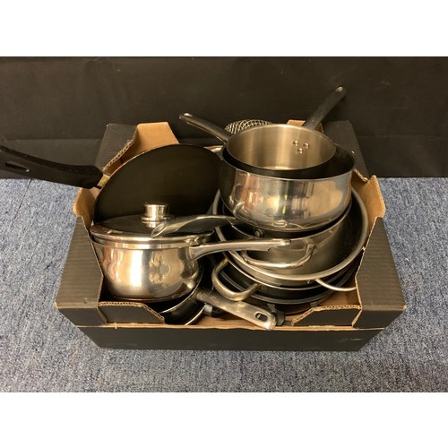 528 - Box of stainless steel kitchen wear.