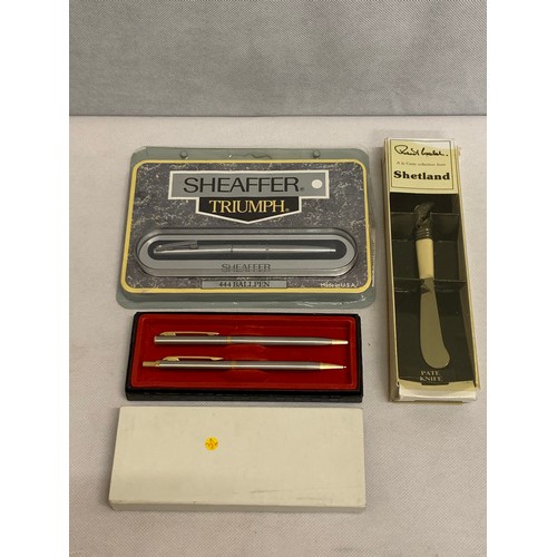 306a - 2 Vintage pen sets and boxed pate knife.