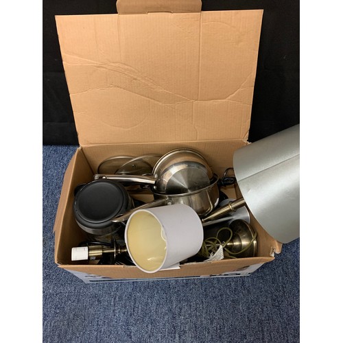 574 - Box of pots and pans etc.