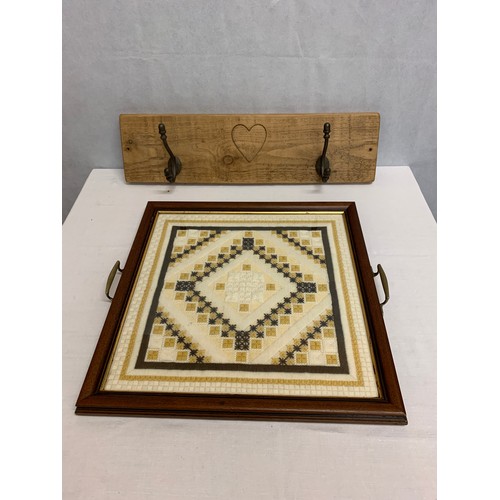 36 - Vintage inlaid serving tray with tapestry design along with wooden coat rack with heart design.