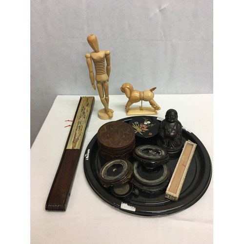 38 - Selection of misc items to include wooden man and dog, wooden vase stands, oriental fans etc.