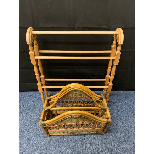 43 - Wooden towel rack and wicker basket.