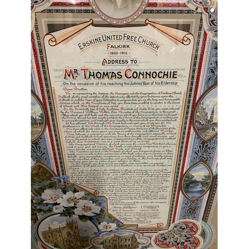 54 - Vintage framed cert of Erskine United Free Church Address to Thomas Connochie. 101cm x76cm