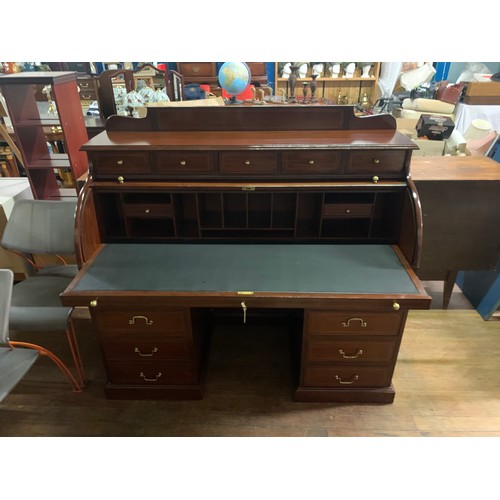 99 - Large rosewood, roll top, multi drawer bureau. With brass fittings and key. Comes apart in 3 pieces.... 