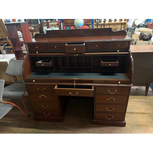 99 - Large rosewood, roll top, multi drawer bureau. With brass fittings and key. Comes apart in 3 pieces.... 