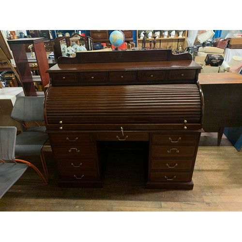 99 - Large rosewood, roll top, multi drawer bureau. With brass fittings and key. Comes apart in 3 pieces.... 