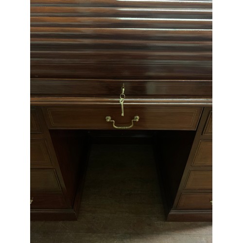 99 - Large rosewood, roll top, multi drawer bureau. With brass fittings and key. Comes apart in 3 pieces.... 