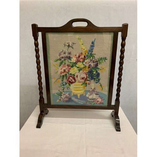 125 - Vintage mahogany, embroidered fire screen.