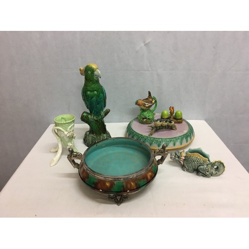 146 - Selection of Majolica ware (as found) to include Minton's parrot.