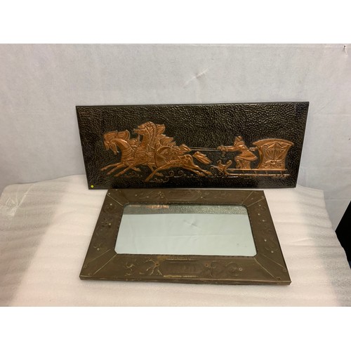 170 - Vintage metal wall plaque and brass framed mirror.