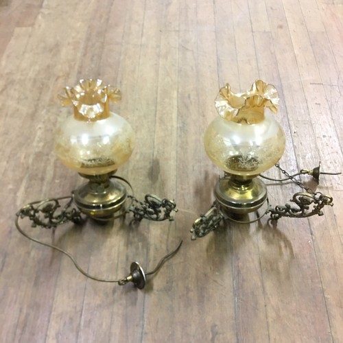 398 - Pair of vintage brass and glass ceiling lights.