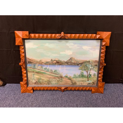 447 - Loch scene oil painting in Arts and crafts wooden frame.