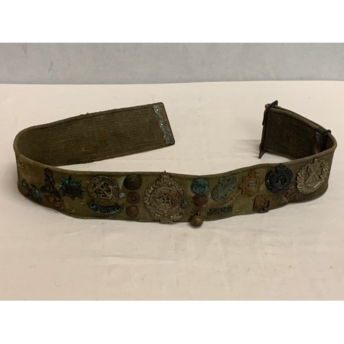 346 - WW1 British P1908 belt with 20 badges (hate belt made by soldier in trenches)