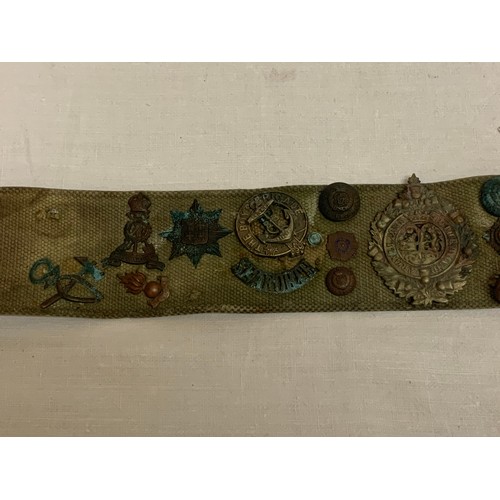 346 - WW1 British P1908 belt with 20 badges (hate belt made by soldier in trenches)