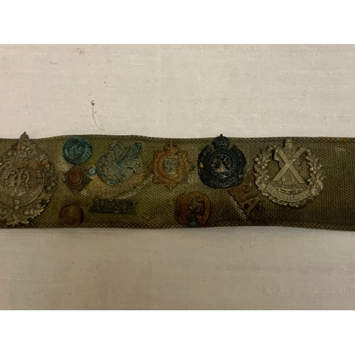 346 - WW1 British P1908 belt with 20 badges (hate belt made by soldier in trenches)