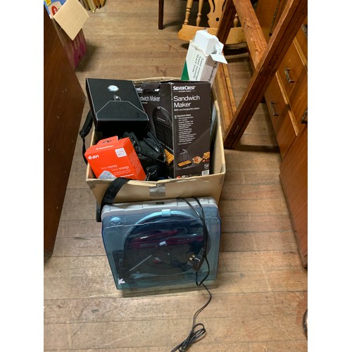 494 - Box of electricals to include sandwich maker and record player etc.