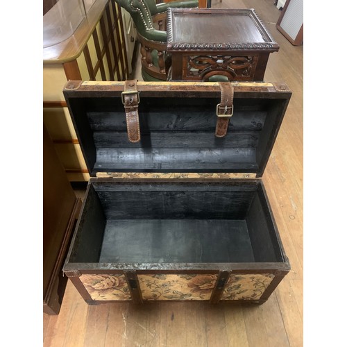 95 - Vintage leather and upholstered trunk.