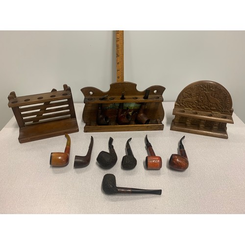 27 - 3 vintage pipe stands and selection of pipes to include meershaum