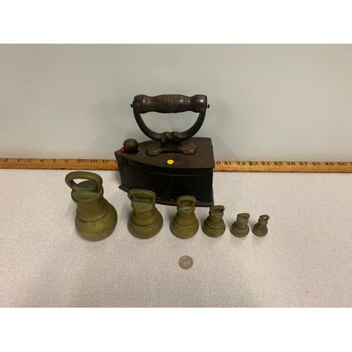 56 - set of old brass weights & heavy flat iron