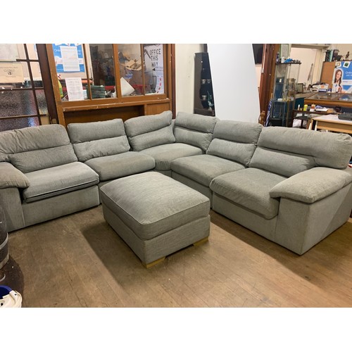 130 - Large grey, fabric corner sofa with matching storage foot stool. See pics.