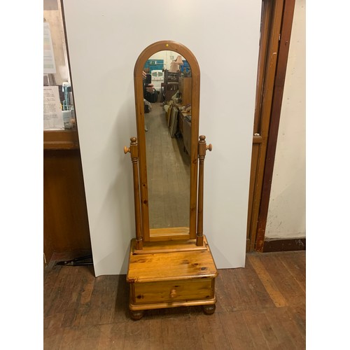 141 - Pine cheval mirror with storage.