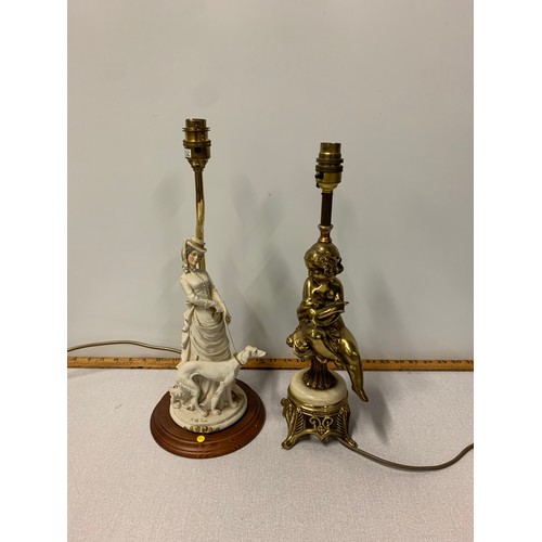 95 - Vintage brass and onyx figurine lamp and ceramic lady walking dog lamp.