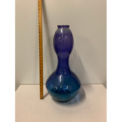 108 - Large blue, hour-glass shaped, glass vase.
