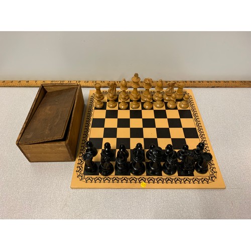 160 - Vintage wooden chess set and board.