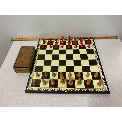 161 - Vintage wooden chess set and board.