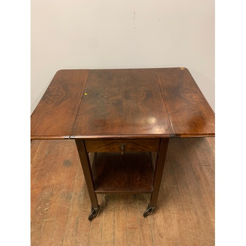 170 - Vintage wooden, one drawer, drop-leaf trolley table on casters.