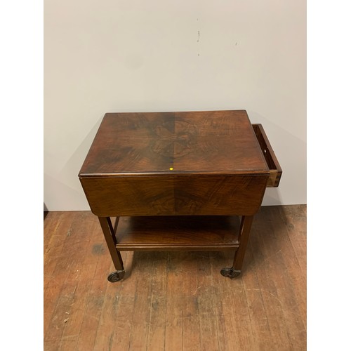 170 - Vintage wooden, one drawer, drop-leaf trolley table on casters.