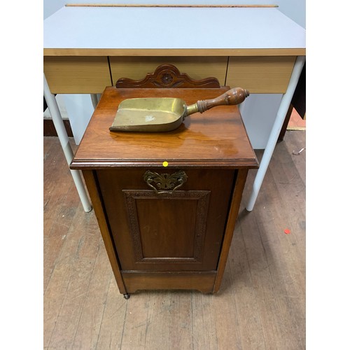 82 - Early 20th century wooden coal scuttle with liner and shovel.