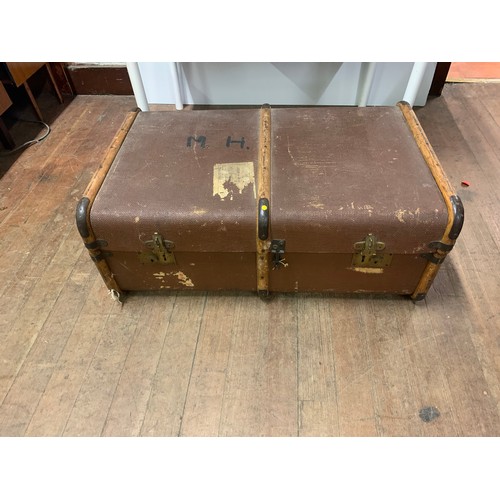 95 - Vintage leather, wood banded travel trunk/chest