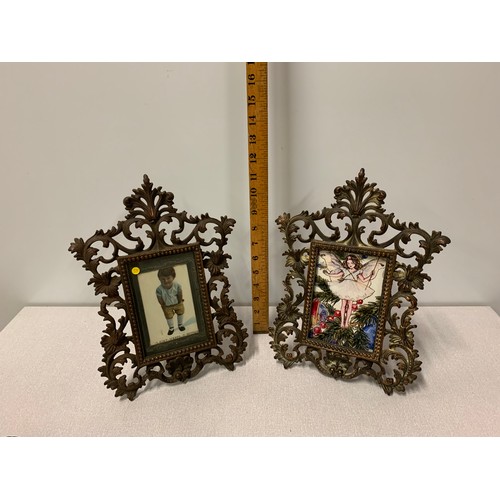 4 - Pair of antique Victorian heavy cast iron photo frames. One with hand painted on glass fairy paintin... 