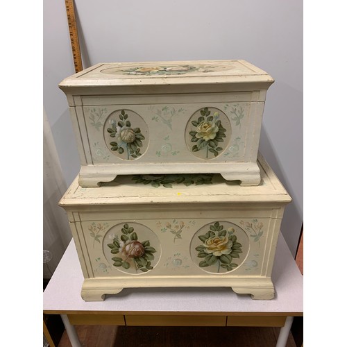 18 - Pair of hand painted wooden storage boxes. (See pics for condition) large box 59 x 39 x 38 cm small ... 