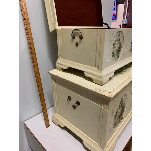 18 - Pair of hand painted wooden storage boxes. (See pics for condition) large box 59 x 39 x 38 cm small ... 