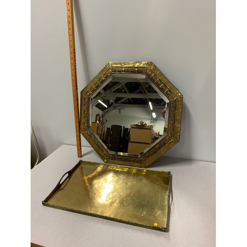 44 - Vintage brass framed, octagon shaped wall mirror along with vintage brass tray.