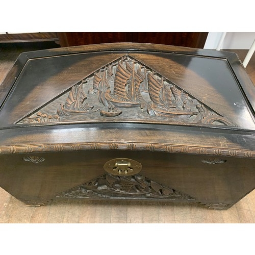 75 - large Vintage carved wooden boat design camphor chest with insert. 100cm long x54cm depth x 53cm hig... 