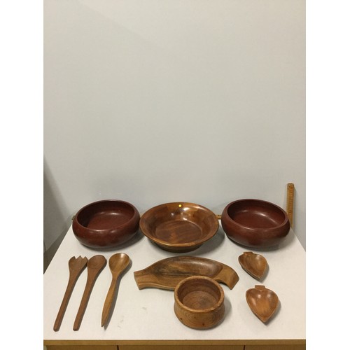 11 - Collection of hard wood bowls, serving plates and salad spoons/fork.