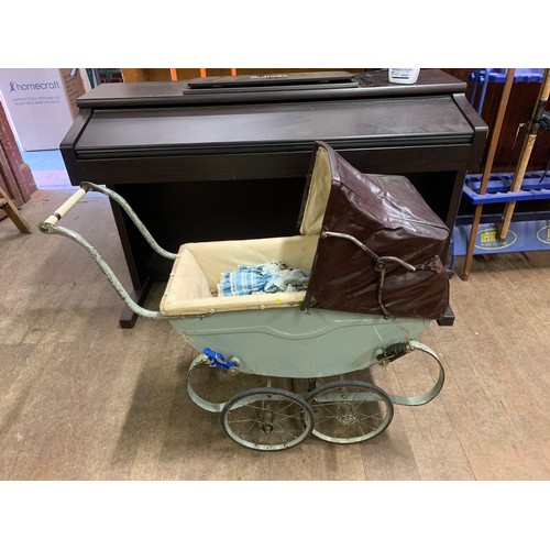 80 - Antique dolls pram with vintage porcelain doll.
72cm l x 73cm h